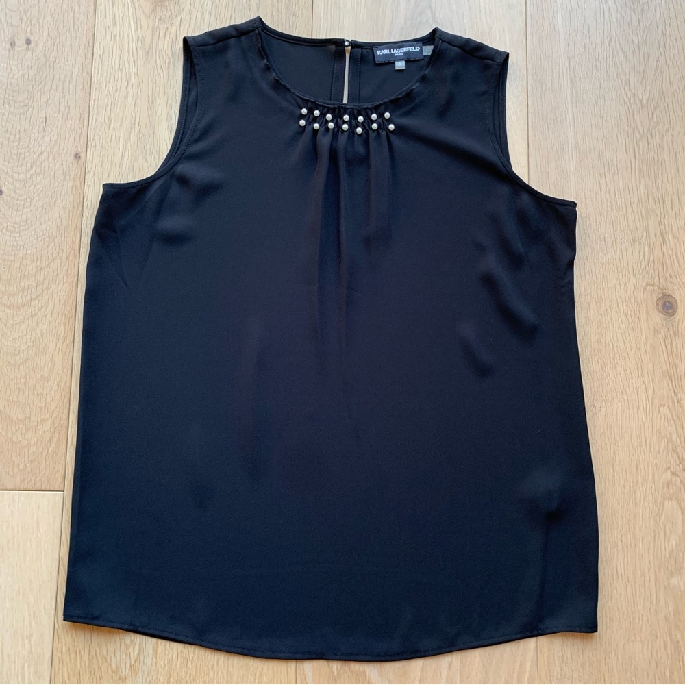 Karl Lagerfeld Black Sleeveless Top with Faux Pearl Detailing Size S